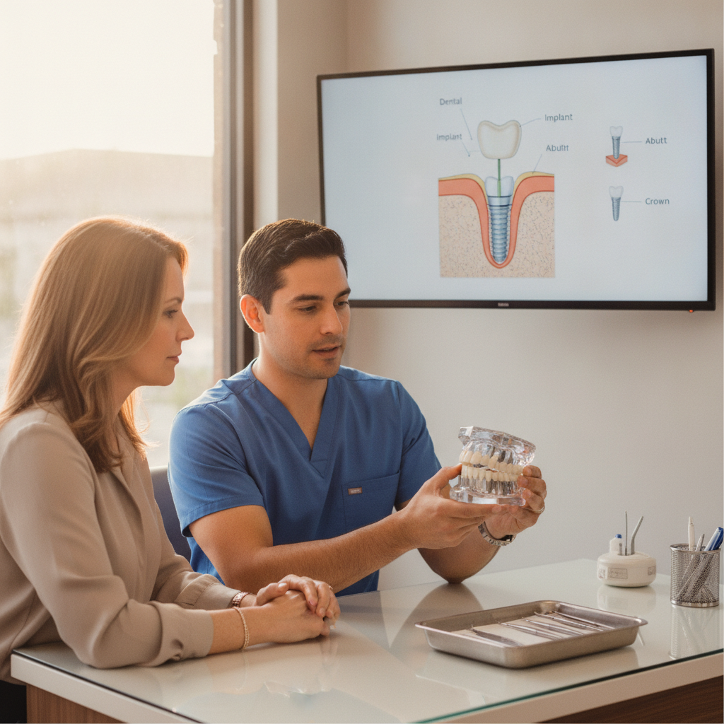 Dentist discussing dental implants with a patient in a modern clinic