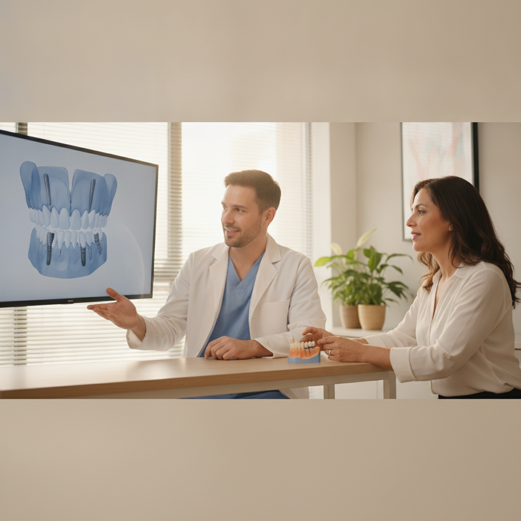 Dentist discussing dental implant options with a patient in a modern clinic.