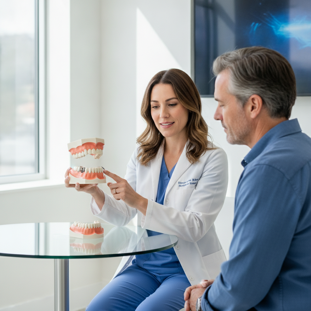 Dentist and patient discussing dental implants and dentures in a modern office.