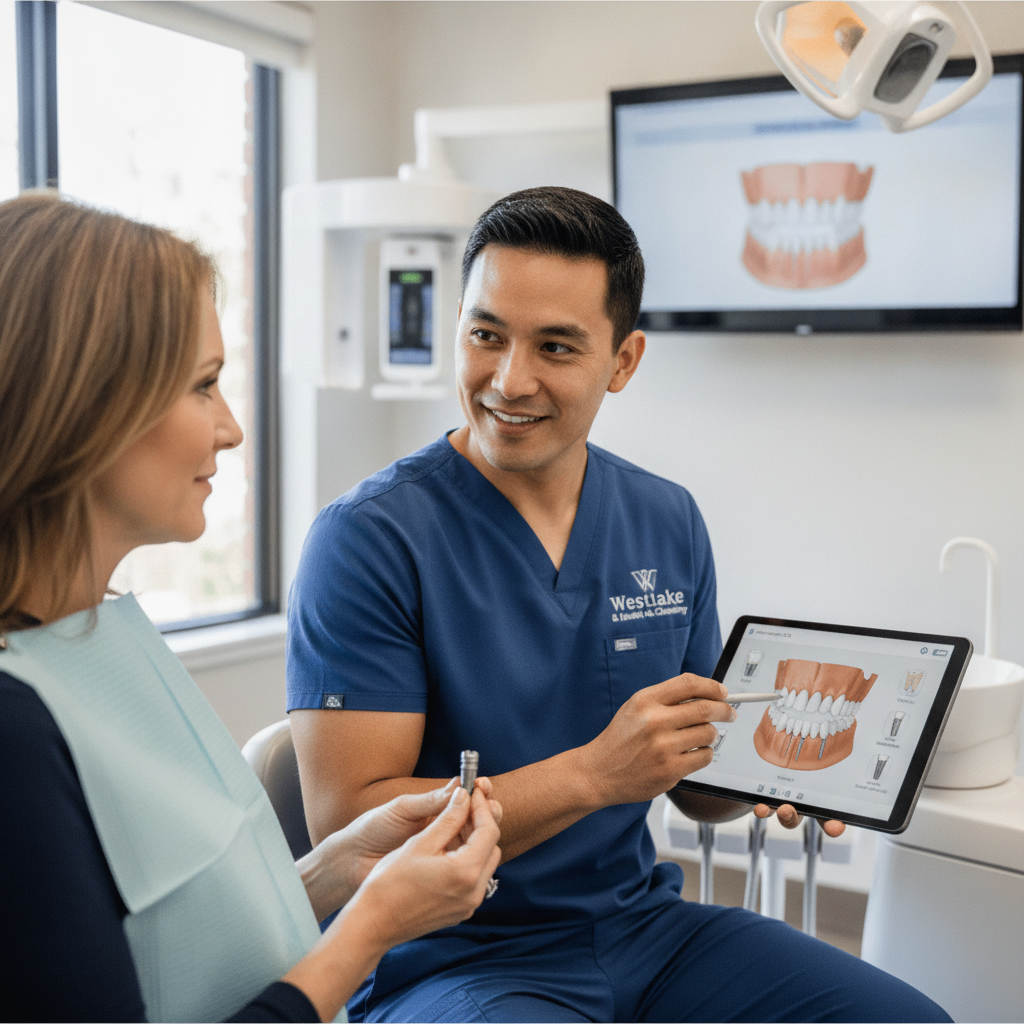 Dentist consulting a patient about dental implants in a modern clinic