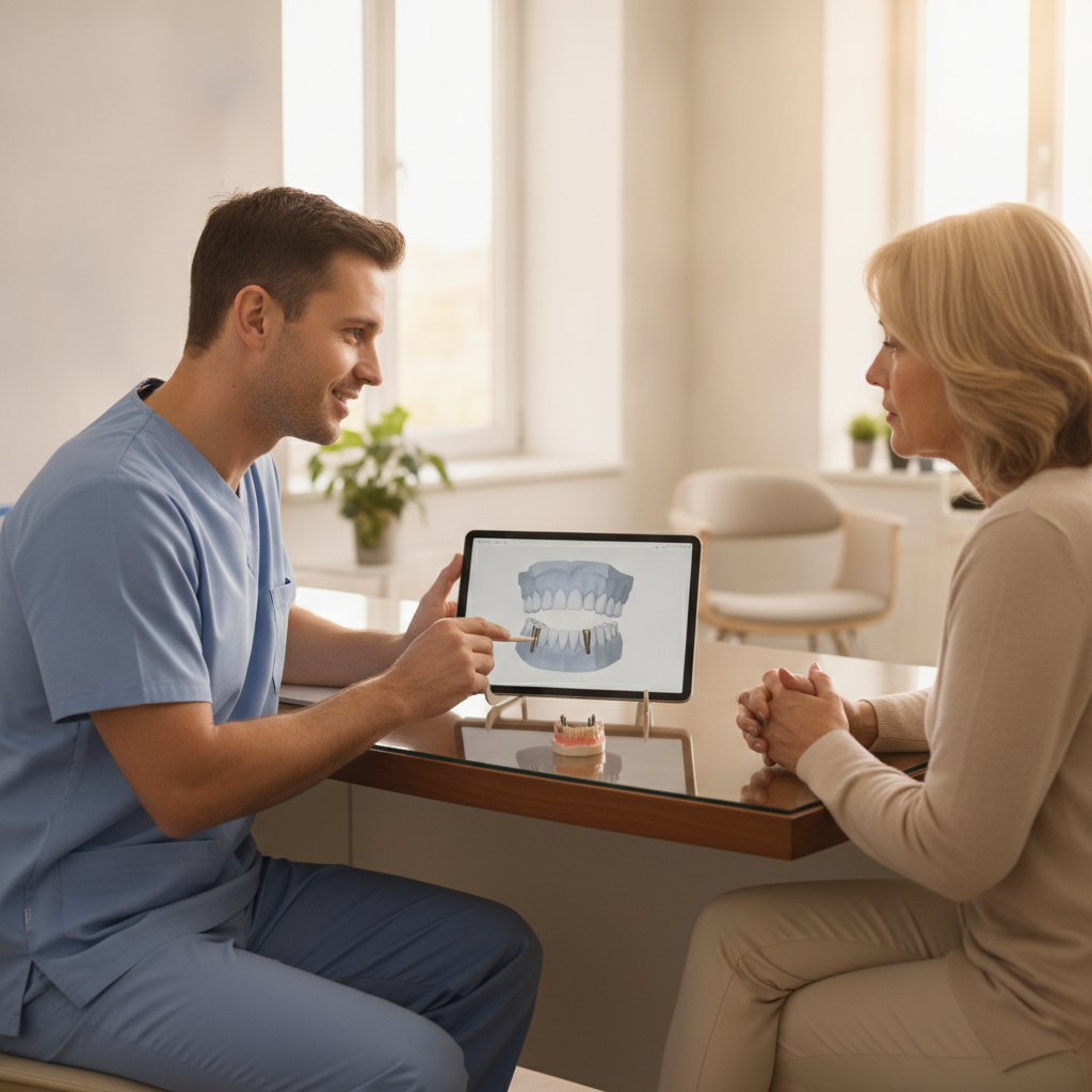 Dentist consulting with a patient about All-on-4 dental implants in a modern office