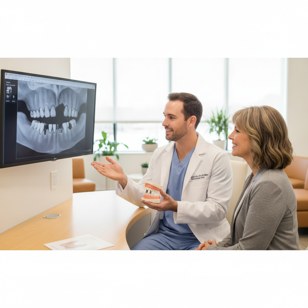 Patient consultation about dental implants at a Texas dental office