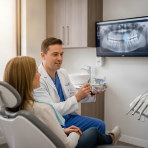 Dentist consulting with patient about dental implants in a modern office