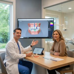 Dental consultation showing a dentist explaining implant safety to a patient