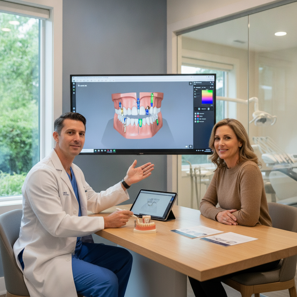 Dental consultation showing a dentist explaining implant safety to a patient