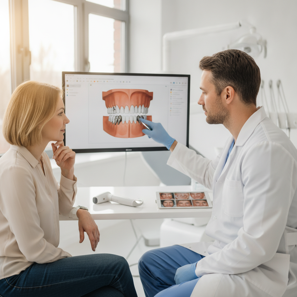 Dentist consulting a patient about dental implants in a modern dental office.