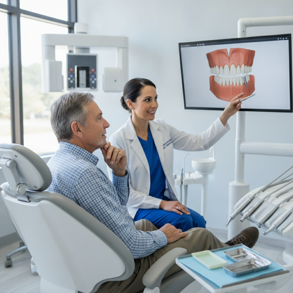 Senior patient and dentist discussing dental implants in a modern dental office