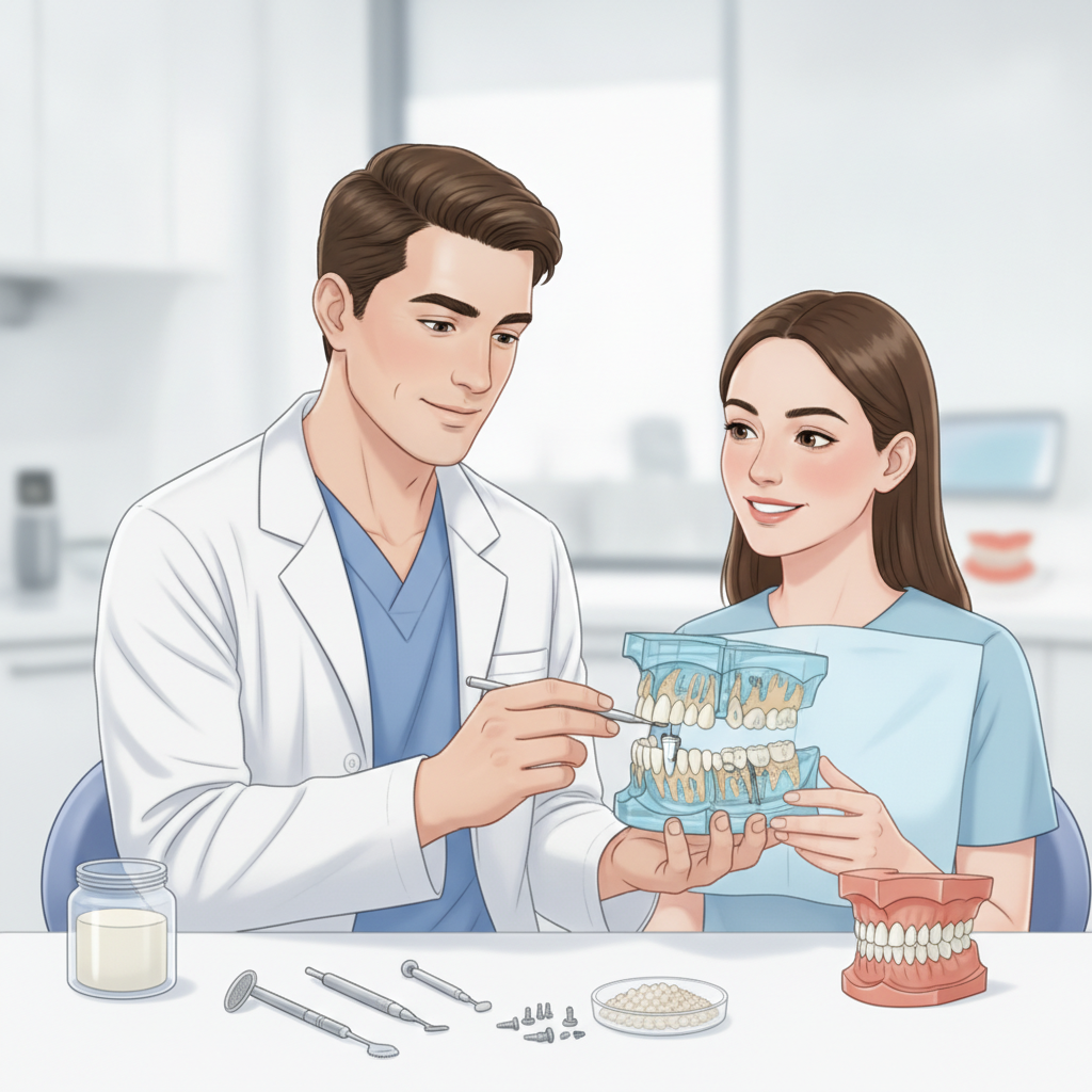 Dentist explaining bone grafting to a patient in a modern dental office