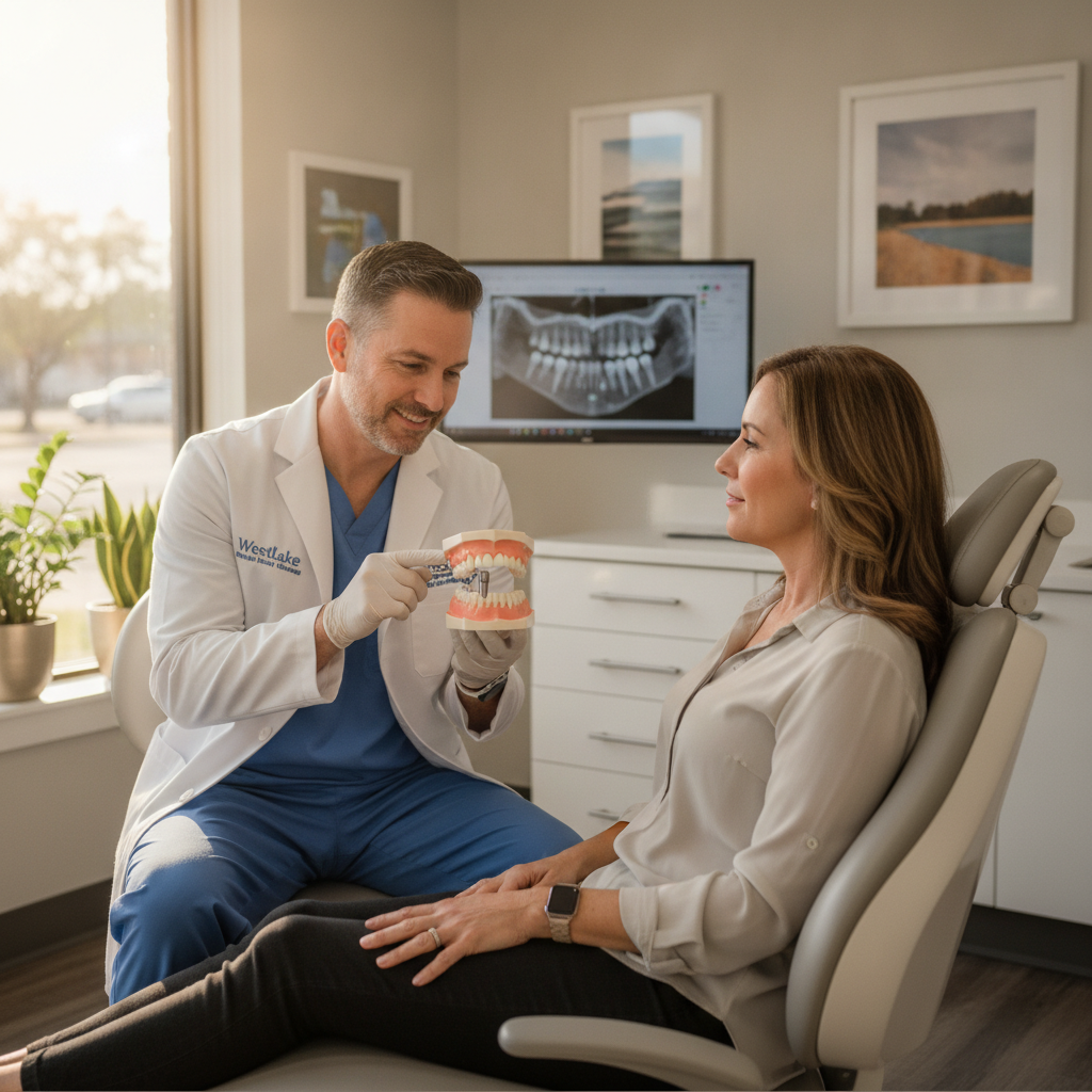 Dentist in Brownsville explaining dental implant process to a patient