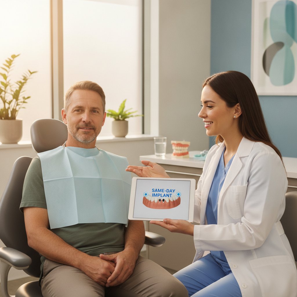 Patient consulting for same-day dental implants in modern dental office