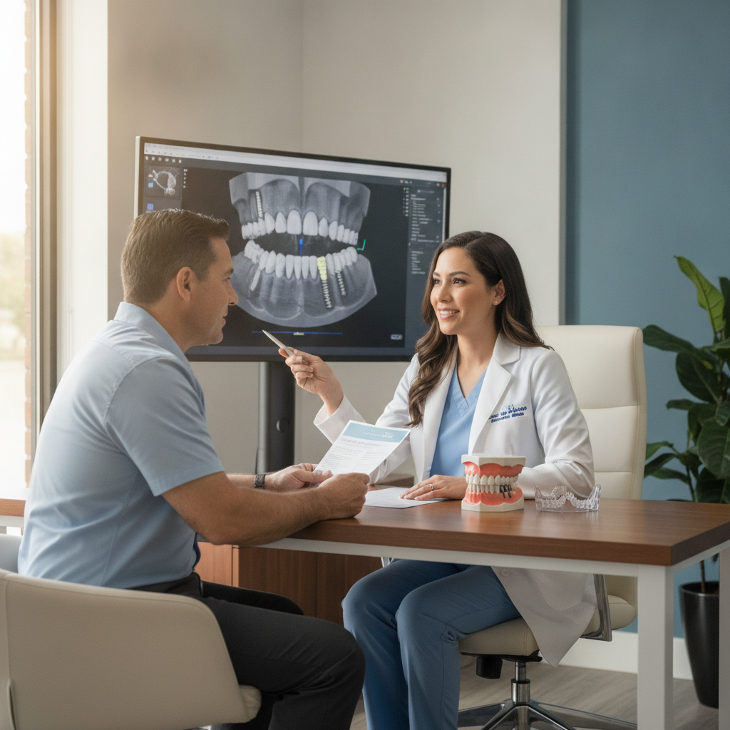 Dental consultant discusses implant options with a patient at a modern dental facility.