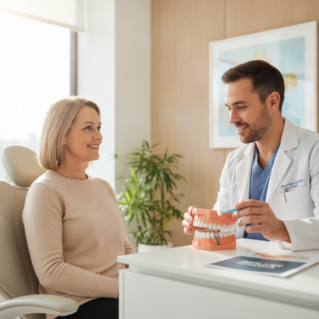 Patient consultation for dental implant aftercare in a modern dental office.