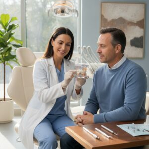 Dentist explaining dental implants to a patient in a modern clinic.