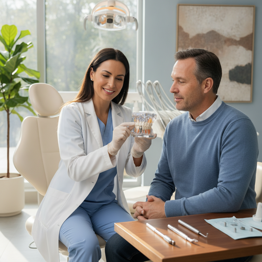 Dentist explaining dental implants to a patient in a modern clinic.