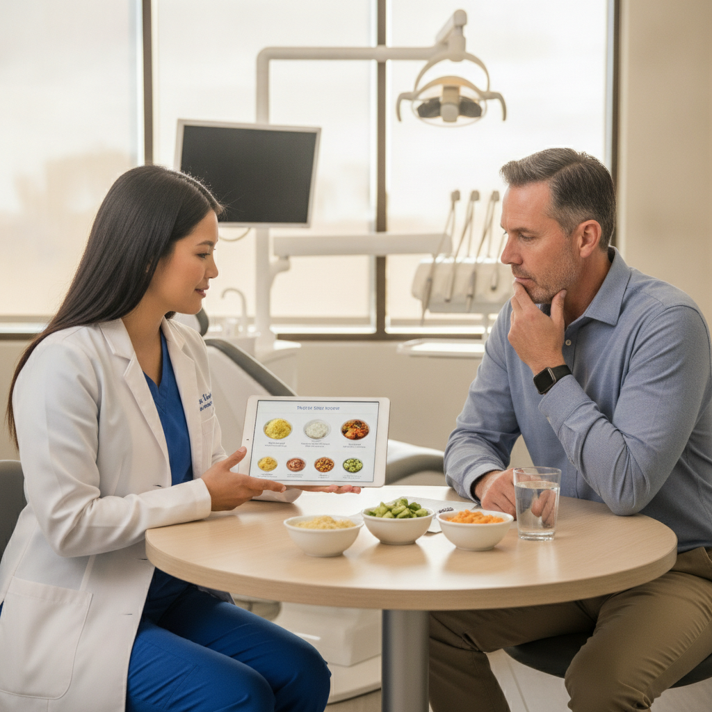 Dentist consulting a patient about post-surgery dietary guidelines.