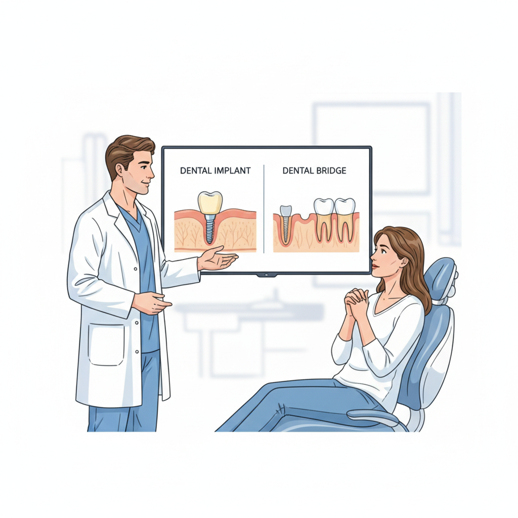 Dentist showing a patient dental implant and bridge options.