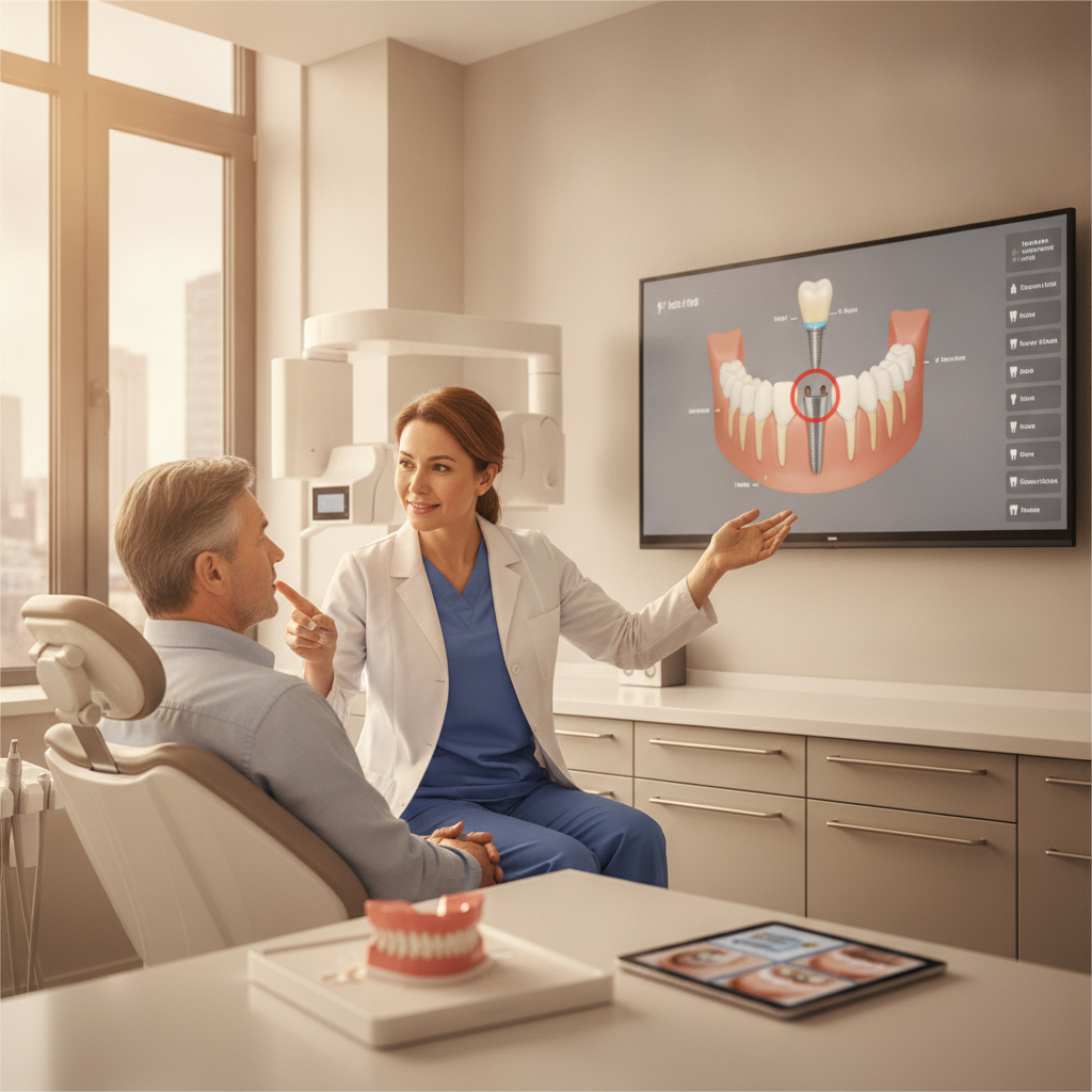 Dentist consulting with a patient about dental implants in a modern clinic