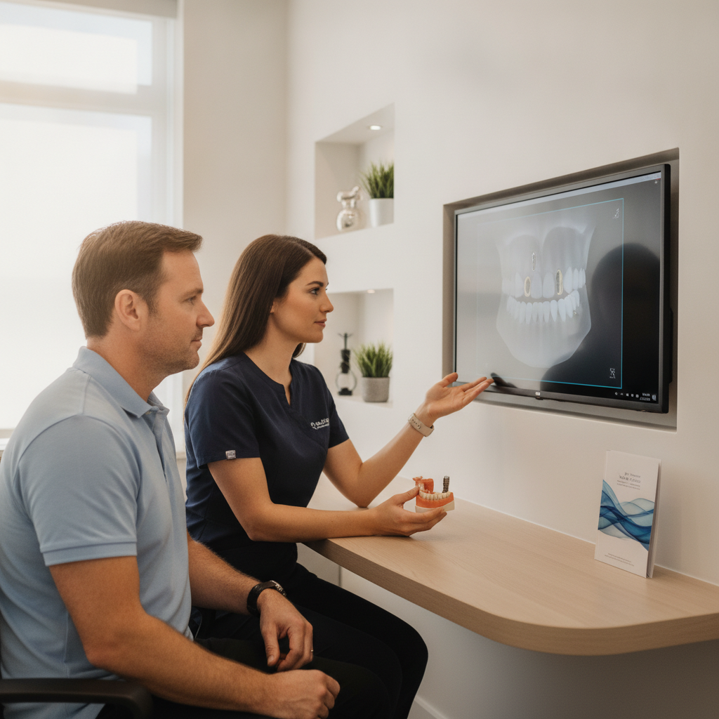 Dentist and patient discuss implant options in a modern office