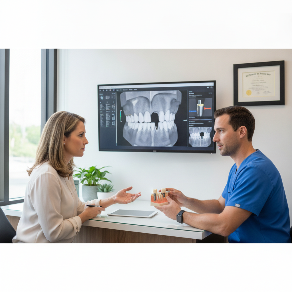 Dentist and patient discussing tooth replacement options.